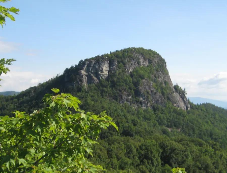 Table Rock's bare, flat-topped rock summit rising above forested ridges of the Linville Gorge under a blue sky, with green leaves in the foreground